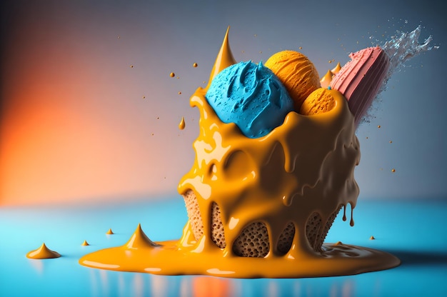 A 3d rendering of a chocolate ice cream with a blue ball of ice cream in the middle.