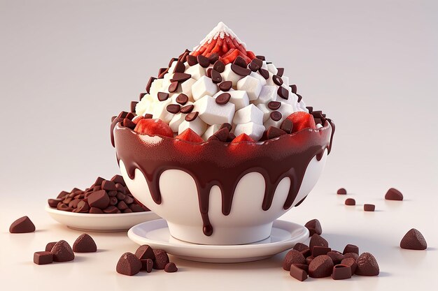 白の 3 d レンダリング漫画スタイルに分離されたチョコレート小豆トッピング bingsu かき氷の 3 d レンダリング