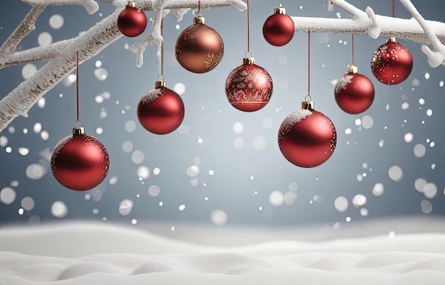 3D rendering of christmas baubles in white snow background