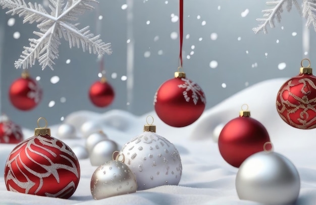 3D-рендеринг рождественских шариков на белом снежном фоне