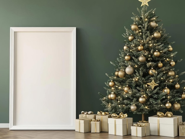3d rendering of christmas decorations with blank poster frame