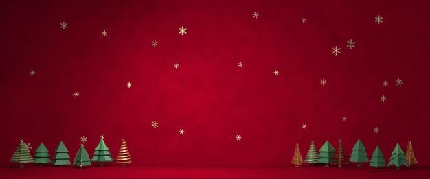 Фото 3d рендеринг рождество, подарочная коробка, елки на темно-красном фоне