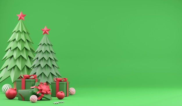 3D rendering christmas ornaments and space for copy space on green background 3d illustration christmas concept