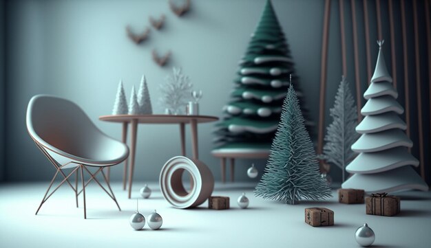 A 3d rendering of a christmas scene with a table and trees.