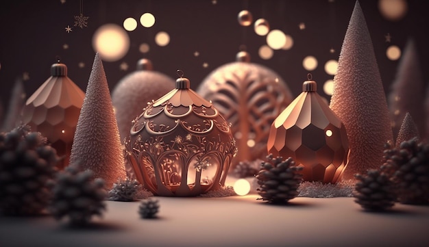 A 3d rendering of a christmas scene with trees and snowflakes.