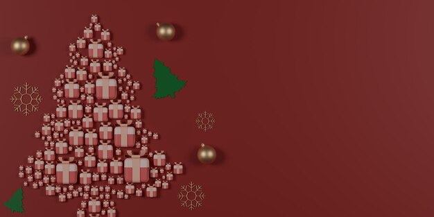 Photo 3d rendering christmas tree made from gift box on dark red background with christmas decoration