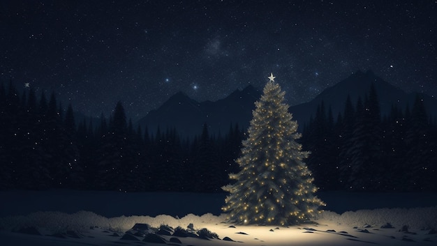 3D rendering of a Christmas tree in the snowy forest at night