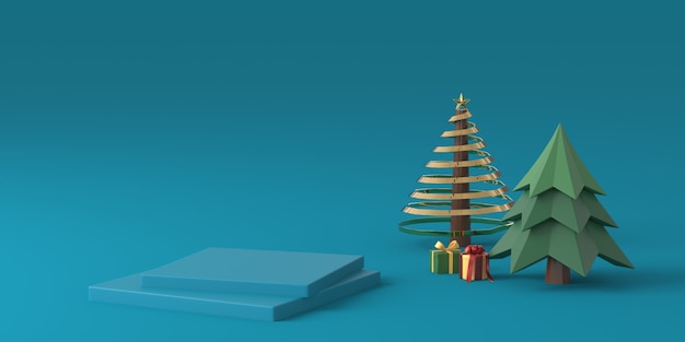 写真 青い背景の表彰台と3 dレンダリングのクリスマスツリー