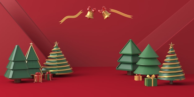 赤い背景の3 dレンダリングクリスマスツリー