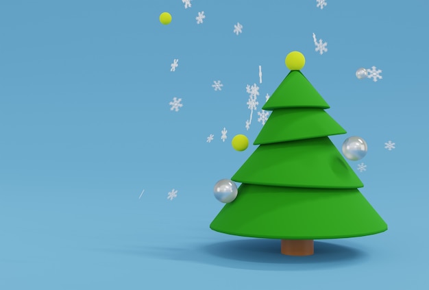 3d rendering christmas tree with snowflakes on blue