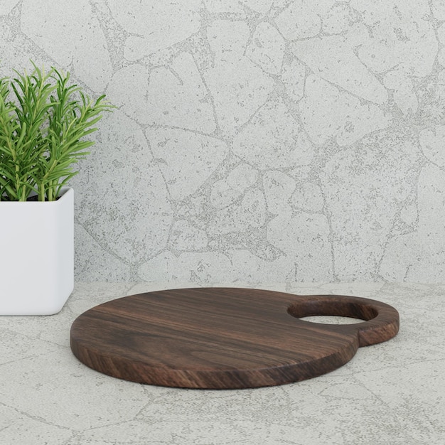 3D Rendering Circle Dark Wooden Cutting board with Handle on Con