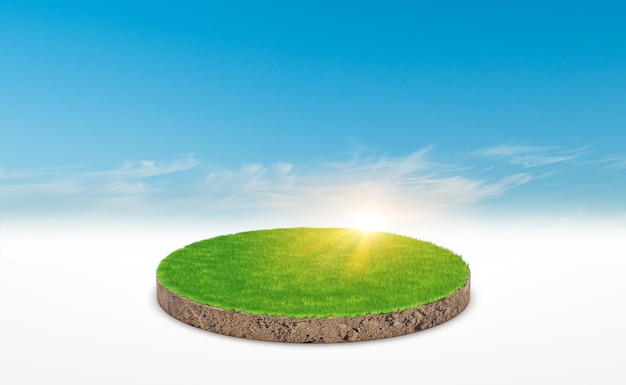 Photo 3d rendering circle podium of land meadow soil ground cross section with green grass over blue sky background