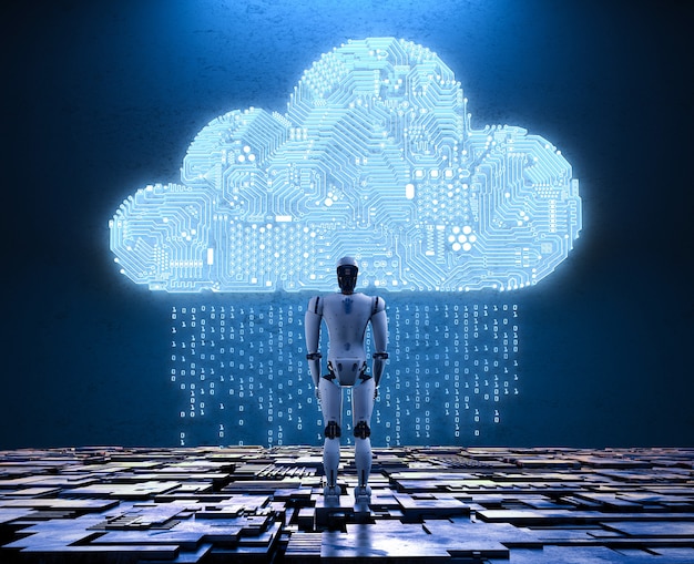 3d rendering circuit cloud with humanoid robot