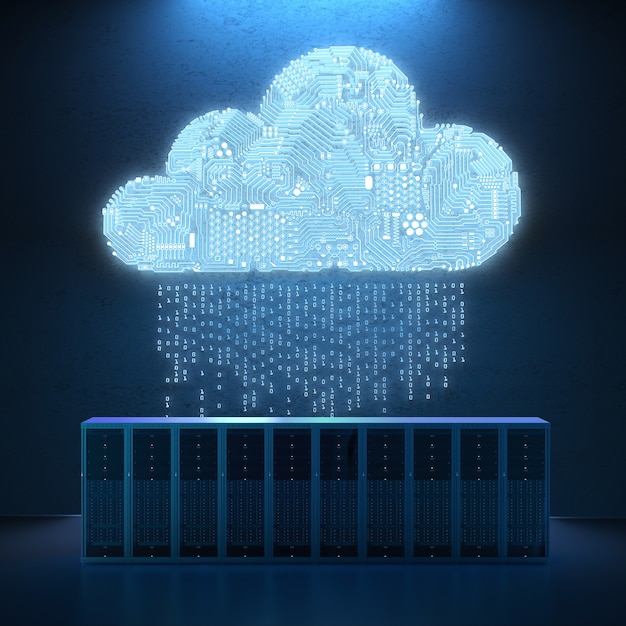 Photo 3d rendering circuit cloud with server computer