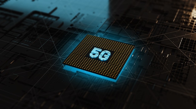 Foto 3d-rendering circuit cpu-chipset 5g-concept