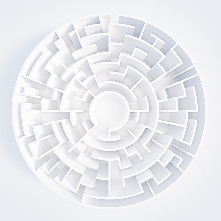 3D-rendering circulaire doolhof in bovenaanzicht op witte achtergrond.
