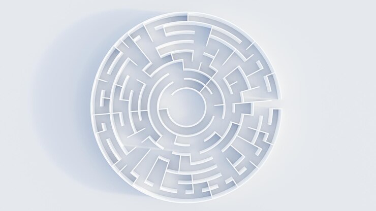 3D-rendering circulaire doolhof in bovenaanzicht op witte achtergrond.
