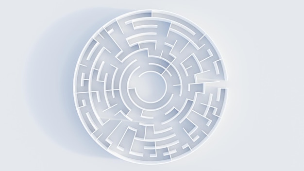 Foto 3d rendering labirinto circolare in vista dall'alto su sfondo bianco.