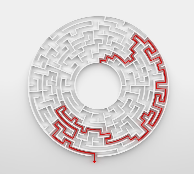 Photo 3d rendering circular maze with solution.
