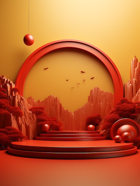 3D rendering a circular podium on a light yellow background Chinese New Year theme