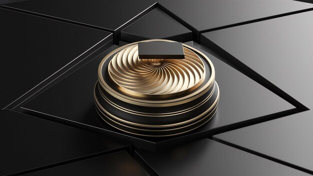 Photo 3d rendering cirlce pedestal with gold accent and black triangle background