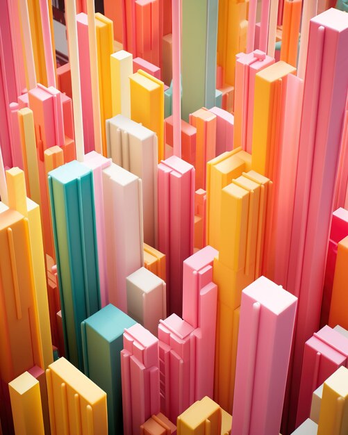 A 3D rendering of a city made of pastelcolored blocks