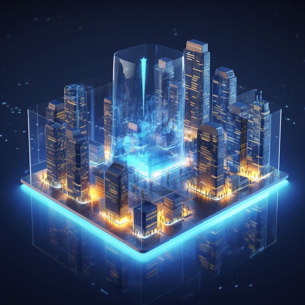 3D-рендеринг города с футуристическим небоскребом и светящимся голубым светом, генерирующим искусственный интеллект