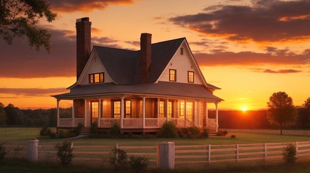 Photo 3d rendering of a classic american house with a beautiful sunset