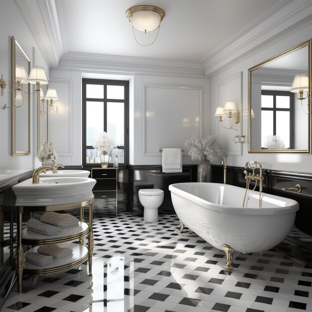 Foto rendering 3d del bagno classico moderno con decorazione di piastrelle di lusso