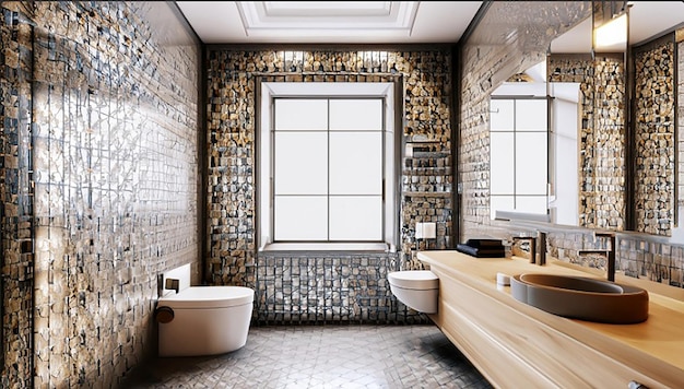 3D рендеринг классической современной ванной комнаты с роскошным декором плитки