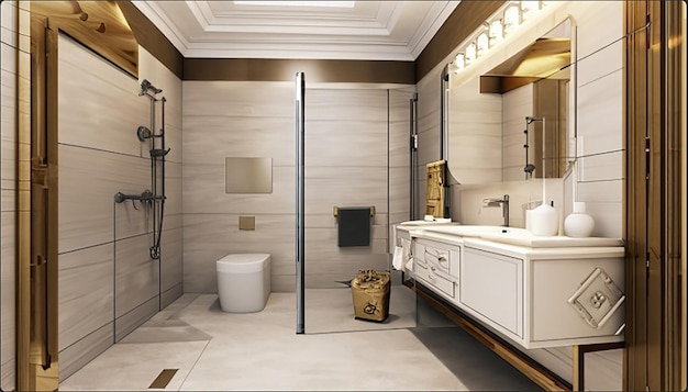 3d rendering classic modern bathroom with luxury tile decor