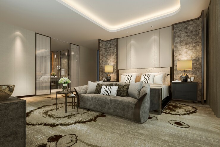 Photo 3d rendering classic modern luxury bedroom suite and bathroom