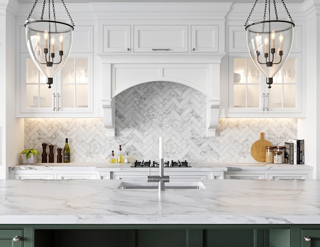 3d rendering classic white kitchen interior