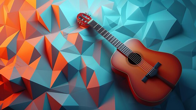 3D rendering of a classical guitar laying on a blue and orange faceted surface The guitar is brown and has a glossy finish