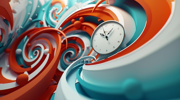 Foto rendering 3d di un orologio con uno sfondo astratto blu e arancione