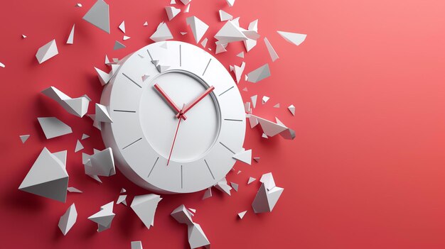 Photo 3d rendering of a clock with shattered glass on a red background the clocks hands are pointing to 12 oclock