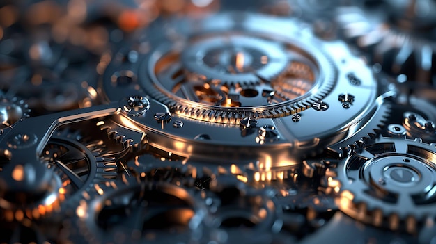 3D rendering of a clockwork mechanism with a shiny metal surface