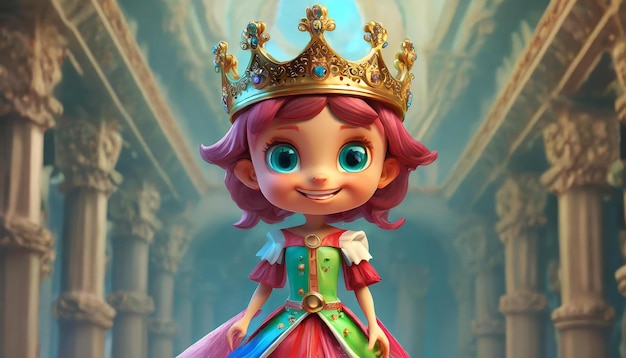 Foto rendering 3d un primo piano di un personaggio dei cartoni animati con un vestito e una corona