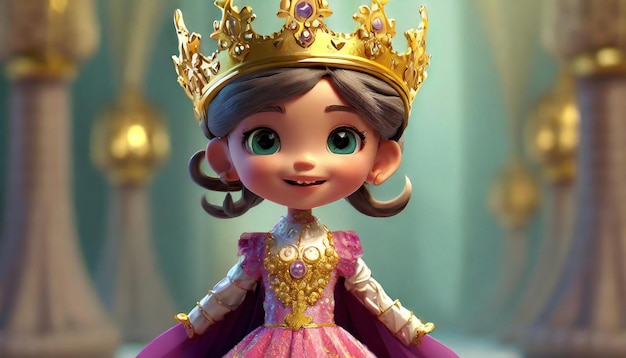 Photo 3d rendering a close up of a cartoon character with a dress and a crown