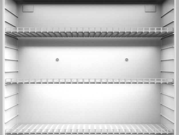 Photo 3d rendering close up empty shelves in fridge