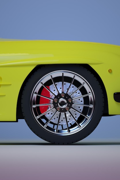빛나는 자동차 바퀴의 3D 렌더링 클로즈업