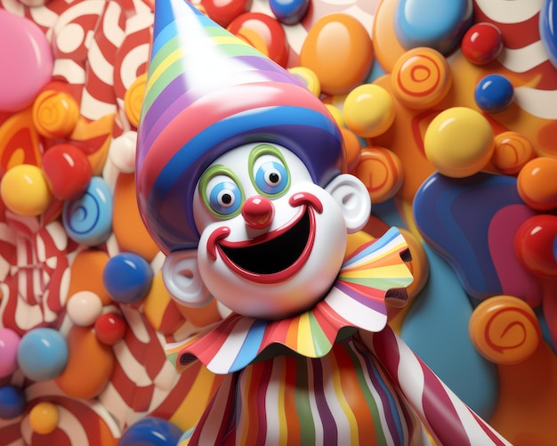 3d rendering of a clown in front of colorful candy