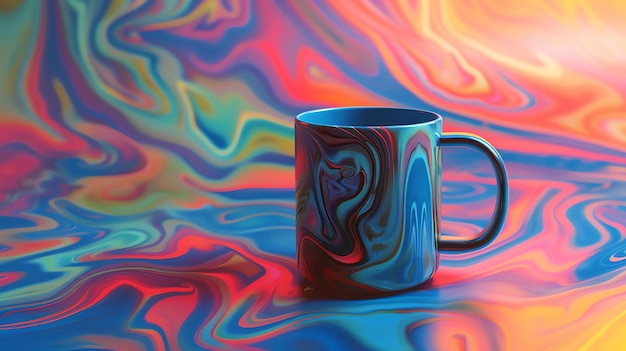 Photo 3d rendering of a coffee mug with a blue and black marble texture on a rainbow colored marble surface