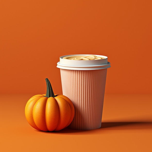 3d rendering of coffee in a paper cup next to an orange pumpkin