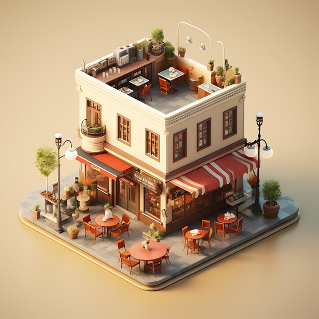 Photo 3d rendering of coffee shop city isometric miniature