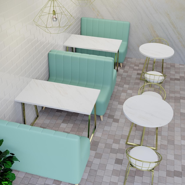 3D rendering coffeeshop interieur witte bakstenen muur en witmarmeren tafel en wit fluwelen stoel