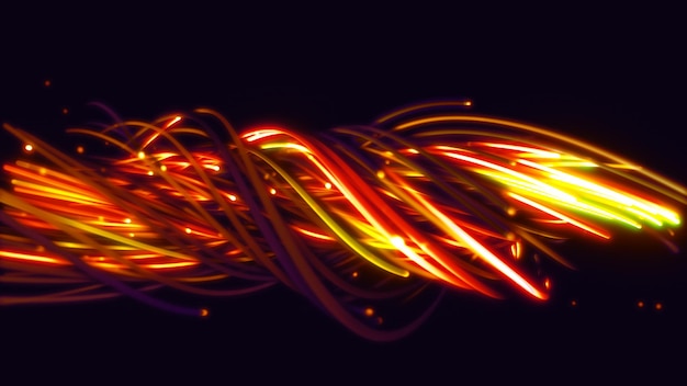 Foto rendering 3d di uno sfondo astratto colorato di stringhe, nastri, fibre o fili