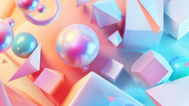 3D rendering of a colorful abstract background with floating geometric shapes Pink blue and yellow pastel colors