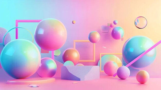 3D rendering of a colorful abstract background with geometric shapes and spheres