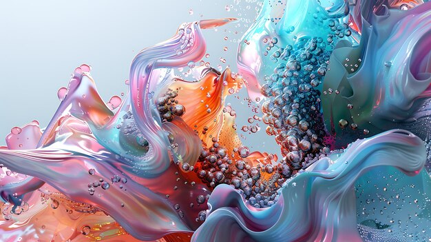 3D rendering of a colorful abstract liquid The liquid is made up of multiple colors including blue green pink and orange